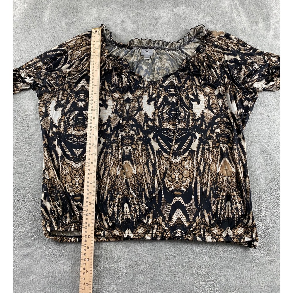 Worthington Woman Stretch Snakeskin Print Ruffle Tie Neck Blouse Plus 1X Brown - Picture 9 of 13
